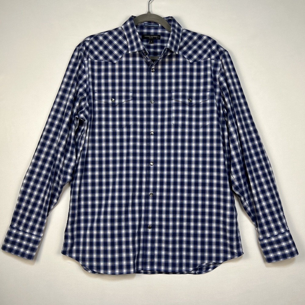 BANANA REPUBLIC Mens Blue Plaid Button Up Shirt L Slim Fit Pearl Buttons Pocket